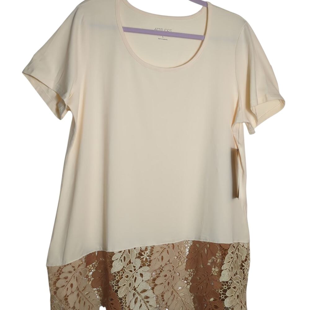 Attitudes by Renee Cream Blouse with Lace Hem